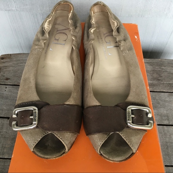 AGL Attilio Giusti Leombruni Taupe Suede Open Toe Buckle Ballet Flats Sz 38 / 8 - Picture 5 of 10
